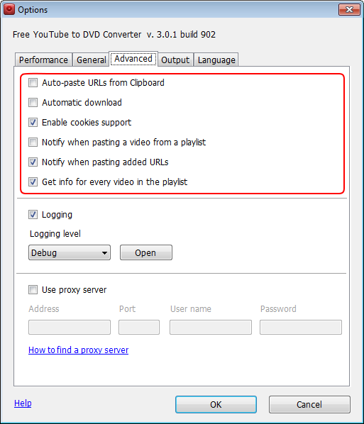 Free YouTube to DVD Converter: setting options