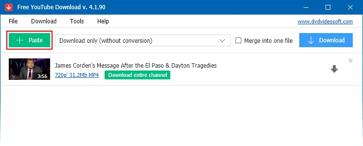 Paste the copied YouTube video link by clicking on the 'Paste' button.