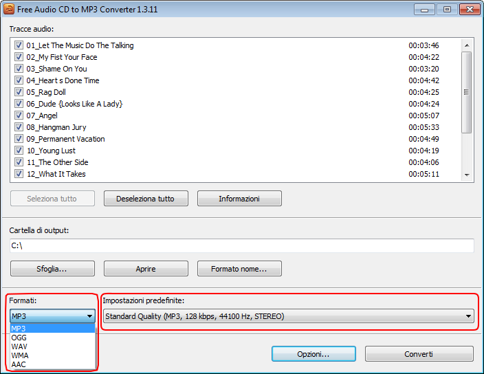 Free Audio CD To MP3 Converter: seleziona il profilo di output