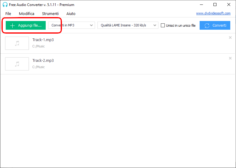 Free Audio Converter: scegli uno o più file audio di origine e la cartella di destinazione
