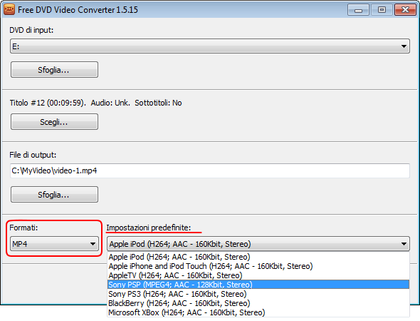 Free DVD Video Converter: seleziona il formato ed il profilo di output