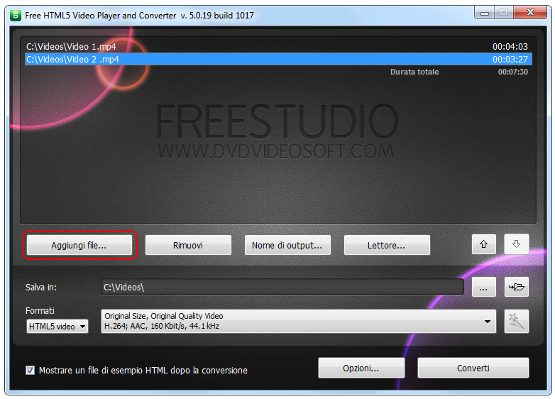 Free HTML5 Video Player and Converter: seleziona i file di input