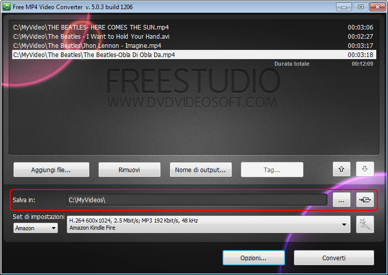 Free MP4 Video Converter: seleziona la cartella di output