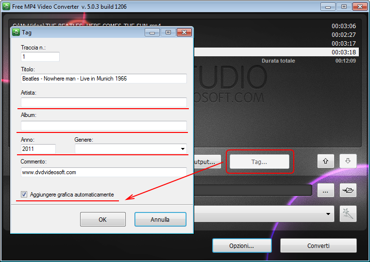Free MP4 Video Converter: configura i tag