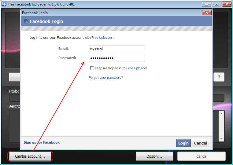 Free Uploader for Facebook: accedi all'account Facebook