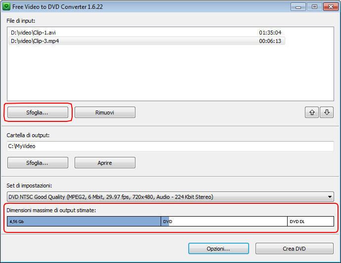 Free Video to DVD Converter: seleziona i file video di input