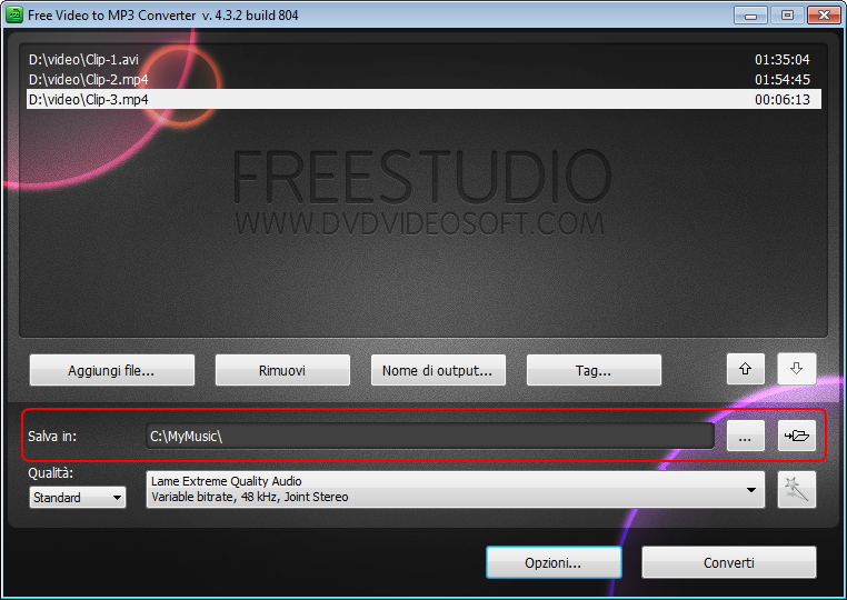 Free Video to MP3 Converter: seleziona la cartella di output