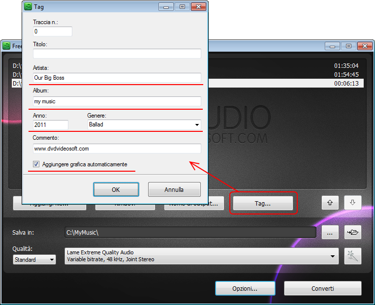 Free Video to MP3 Converter: configura i tag