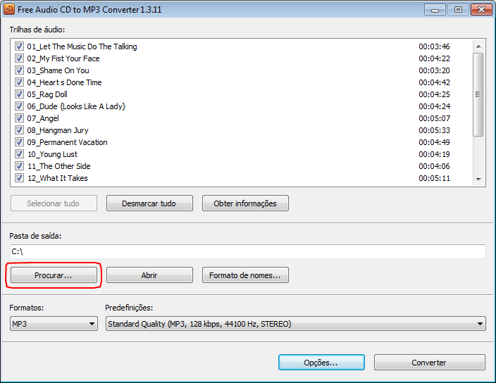 Free Audio CD To MP3 Converter: seleccionar a ubicação do arquivo de saída