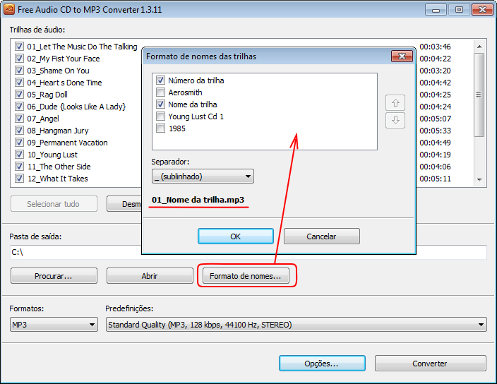 Free Audio CD To MP3 Converter: configurar o formato do nome de saída