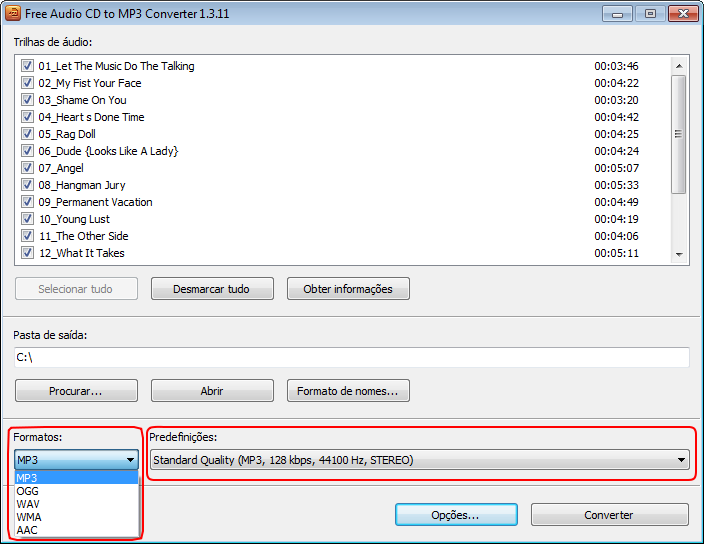 Free Audio CD To MP3 Converter: seleccionar configuração dos arquivos de saída
