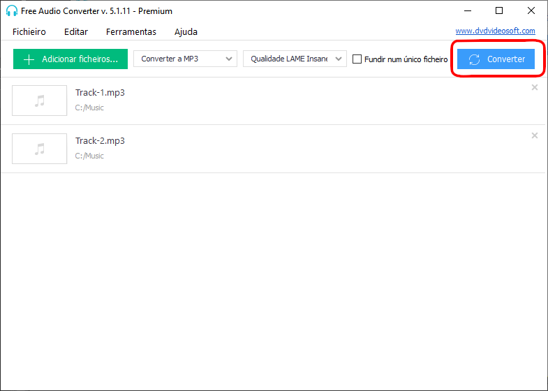 Free Audio Converter: prima o botão “Converter“ e espere alguns segundos