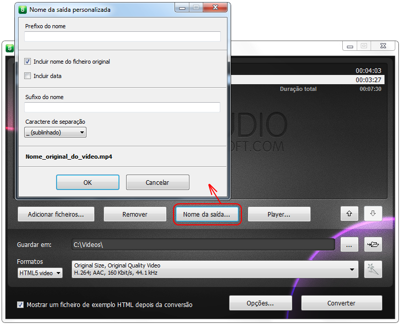 Free HTML5 Video Player and Converter: para mudar o nome do arquivo clica no botão "Nome de saída…"