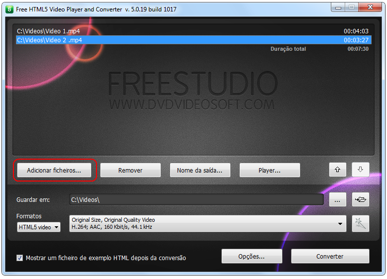 Free HTML5 Video Player and Converter: seleccionar um arquivo de vídeo de entrada