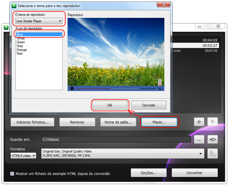 Free HTML5 Video Player and Converter: seleccionar um leitor