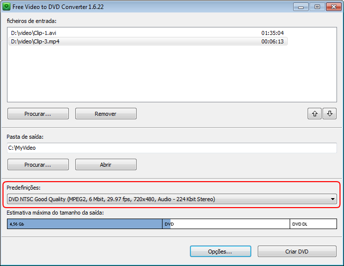Free Video to DVD Converter: selecciona a configuração dos arquivos de saída