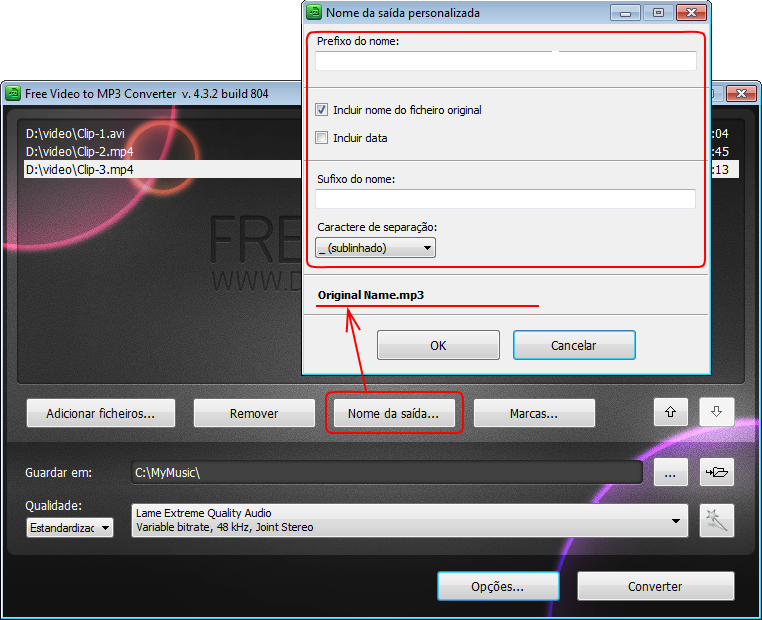 Free Video to MP3 Converter: para mudar o nome do arquivo clica no botão "Nome de saída…"