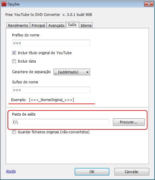 Free YouTube to DVD Converter: configurar opções