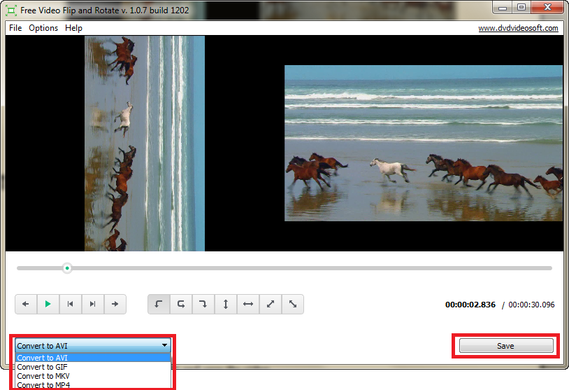Free Video Flip and Rotate: выбрать выходной формат и сохранить видео