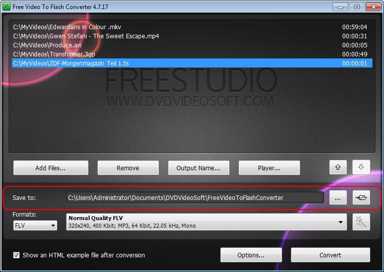 Free Video to Flash Converter: нажмите Обзор... чтобы выбрать исходные файлы